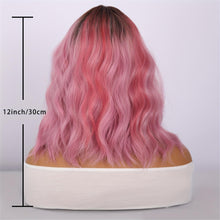12 Inch Pink Ombre Wig - Blunt Bangs Body Wave - Heat Resistant Curly Texture