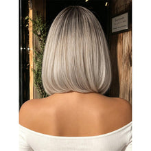 Short Straight Bob Wig 12 Inch Silver Gray Ombre With Dark Roots And Center Part