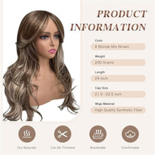 Highlight Honey Blonde Wig with Bangs Long Golden Brown Ombre Layered Wavy Wig with Curtain Bangs