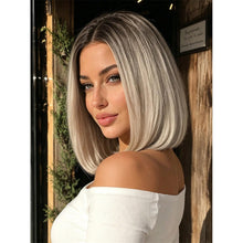 Short Straight Bob Wig 12 Inch Silver Gray Ombre With Dark Roots And Center Part