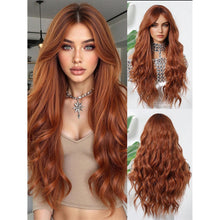 26 Inch Wavy Curly Synthetic Hair Wig Rust Copper  Brown Color Middle Part