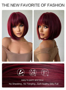 Dark Burgundy Red Full Wig with Bangs