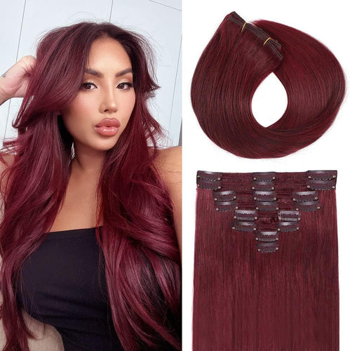 Dark Red Double Weft Clip in Human Hair Extensions Thick 18-20 Inch 150g 8pcs 18 clips on 8A Grade Soft Straight 100% Remy Hair Wine Red #99J