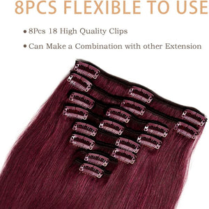 Dark Red Double Weft Clip in Human Hair Extensions Thick 18-20 Inch 150g 8pcs 18 clips on 8A Grade Soft Straight 100% Remy Hair Wine Red #99J