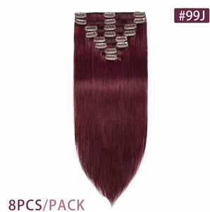 Dark Red Double Weft Clip in Human Hair Extensions Thick 18-20 Inch 150g 8pcs 18 clips on 8A Grade Soft Straight 100% Remy Hair Wine Red #99J