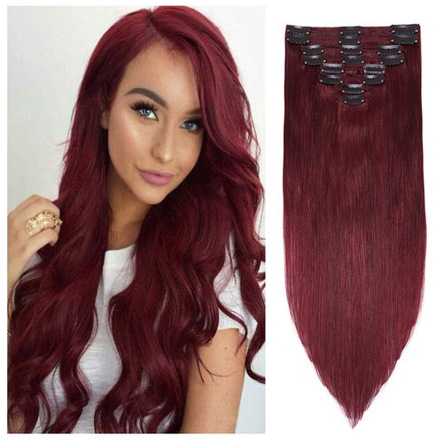 Burgundy Double Weft Clip in Human Hair Extensions Thick 16-20 Inch 120-150g 8pcs 18 clips on 8A Grade Soft Straight 100% Remy Hair Wine Red #99J 20’’
