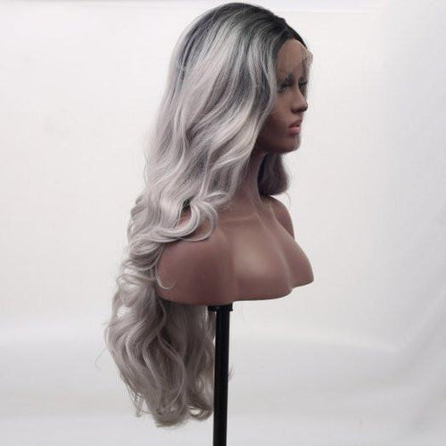 Black Gray Wavy Darkroot Ombre Lace Front Wig - Goddess Beauty Royal Wigs