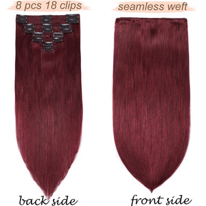 Burgundy Double Weft Clip in Human Hair Extensions Thick 20 Inch 150g 8pcs 18 clips on 8A Grade Soft Straight 100% Remy Hair Wine Red #99J 20’’