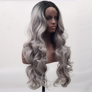 Black Gray Wavy Darkroot Ombre Lace Front Wig - Goddess Beauty Royal Wigs