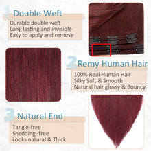 Burgundy Double Weft Clip in Human Hair Extensions Thick 20 Inch 150g 8pcs 18 clips on 8A Grade Soft Straight 100% Remy Hair Wine Red #99J 20’’