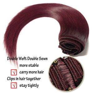 Dark Red Double Weft Clip in Human Hair Extensions Thick 20 Inch 120g-150g 8pcs  clips on 8A Grade Soft Straight 100% Remy Hair Wine Red #99J 16"-20’’