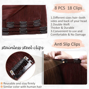 Burgundy Double Weft Clip in Human Hair Extensions Thick 20 Inch 150g 8pcs 18 clips on 8A Grade Soft Straight 100% Remy Hair Wine Red #99J 20’’