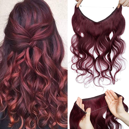 Burgundy Halos Hair Extensions Human Hair Wavy Secret Wire Hair Extensions 16