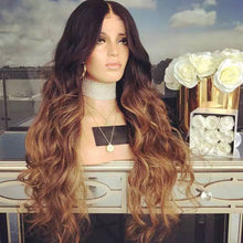 Balayage Ombre Human Hair Lace Front Wigs Medium Brown Roots to Golden Brown with Dark Blonde  Wavy Brazilian Remy Wig Glueless Lacewig - Goddess Beauty Royal Wigs