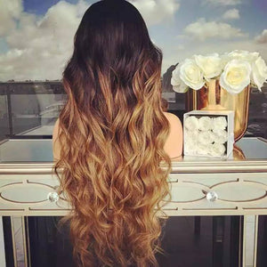 Balayage Ombre Human Hair Lace Front Wigs Medium Brown Roots to Golden Brown with Dark Blonde  Wavy Brazilian Remy Wig Glueless Lacewig - Goddess Beauty Royal Wigs