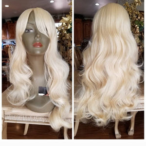 Bleach Blonde// Wavy//Human Hair Blend//Bangs//Blonde//NWT//Ready to Ship// - Goddess Beauty Royal Wigs