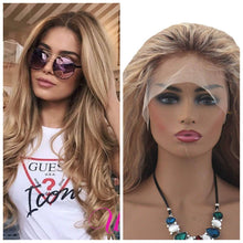 Balayage Ombre Human Hair Lace Front Wigs Medium Brown Roots to Golden Brown with Blonde Highlights Wavy Brazilian Remy Wig Glueless Lacewig - Goddess Beauty Royal Wigs