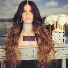 Balayage Ombre Human Hair Lace Front Wigs Medium Brown Roots to Golden Brown with Dark Blonde  Wavy Brazilian Remy Wig Glueless Lacewig - Goddess Beauty Royal Wigs