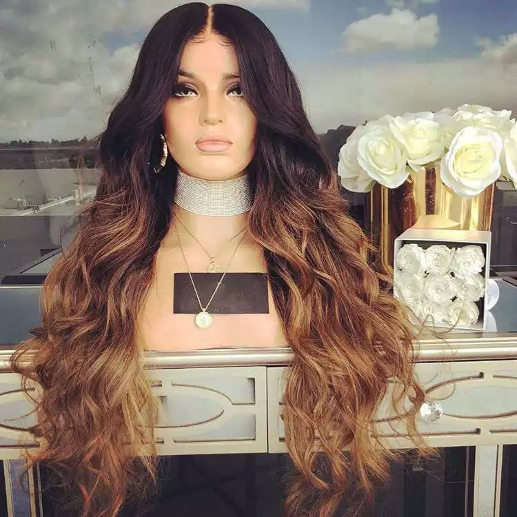 Balayage Ombre Human Hair Lace Front Wigs Medium Brown Roots to Golden Brown with Dark Blonde  Wavy Brazilian Remy Wig Glueless Lacewig - Goddess Beauty Royal Wigs
