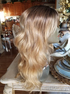 Ombre//Brown Blonde// Straight Wavy//Bodywave// Wig//Synthetic//Beautiful/Wavy//Bangs//Brand New//Natural//Ready to Ship - Goddess Beauty Royal Wigs