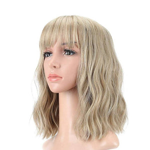 Ash Pale Blonde Shoulder Length Blonde Wigs for Women Bob Wig Bangs Straight Wigs Short Hair Costume,Wavy Blonde - Goddess Beauty Royal Wigs