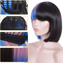 Yaki Wig//Bangs//Silky//Full Heat Resistant// Synthetic Wig for Women//3Tone Color//Half Black Pink and Blue//Bob Wigs with Bangs//Cute - Goddess Beauty Royal Wigs