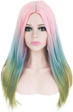 Colored Rainbow Heat Resistant Wig Unicorn Long Straight Human Hair Blend Hair Ombre Cosplay Wigs for Party,Multicolor - Goddess Beauty Royal Wigs