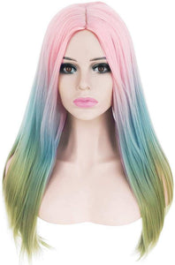 Colored Rainbow Heat Resistant Wig Unicorn Long Straight Human Hair Blend Hair Ombre Cosplay Wigs for Party,Multicolor - Goddess Beauty Royal Wigs