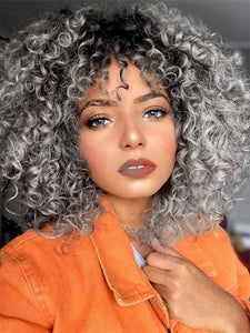Salt and Pepper Gray/ Kinky Curly Wig/Wi Exquisite Black Short Kinky Curly/ Synthetic Afro/ with Bangs for Black Women Heat Resistant Hair - Goddess Beauty Royal Wigs