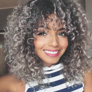 Salt and Pepper Gray/ Kinky Curly Wig/Wi Exquisite Black Short Kinky Curly/ Synthetic Afro/ with Bangs for Black Women Heat Resistant Hair - Goddess Beauty Royal Wigs