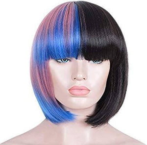 Yaki Wig//Bangs//Silky//Full Heat Resistant// Synthetic Wig for Women//3Tone Color//Half Black Pink and Blue//Bob Wigs with Bangs//Cute - Goddess Beauty Royal Wigs