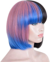 Yaki Wig//Bangs//Silky//Full Heat Resistant// Synthetic Wig for Women//3Tone Color//Half Black Pink and Blue//Bob Wigs with Bangs//Cute - Goddess Beauty Royal Wigs