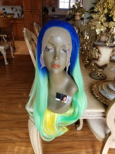 Ready to Ship// Blue Green Yellow Lace Front Wig - Goddess Beauty Royal Wigs