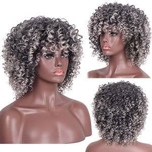 Salt and Pepper Gray/ Kinky Curly Wig/Wi Exquisite Black Short Kinky Curly/ Synthetic Afro/ with Bangs for Black Women Heat Resistant Hair - Goddess Beauty Royal Wigs