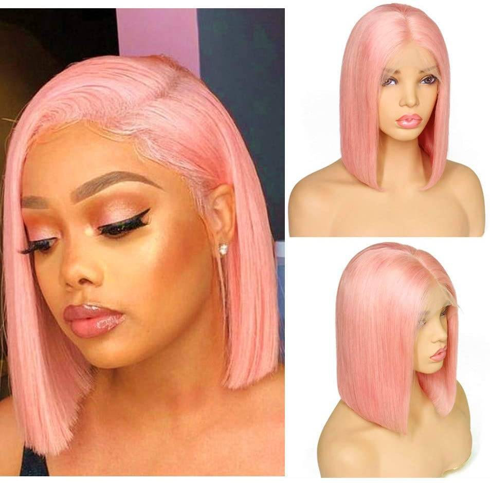 Human Hair Wig//Pre Plucked//Pink Hairline// Brazilian//Straight Lace Front Wig//Bob//Short 8-10 inches. - Goddess Beauty Royal Wigs