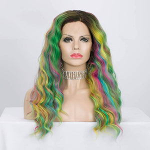 Rainbow// Unicorn// Long Curly Wavy Human Hair Blend Hair Ombre Cosplay Wigs for Party,Multicolor - Goddess Beauty Royal Wigs