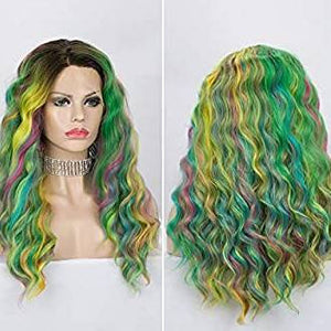 Rainbow// Unicorn// Long Curly Wavy Human Hair Blend Hair Ombre Cosplay Wigs for Party,Multicolor - Goddess Beauty Royal Wigs