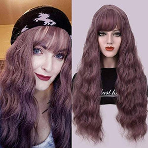 Purple Wavy Wig With Hair Bangs Silky Full Heat Resistant Synthetic Wig for Women - Natural Looking Machine Made 26 inch Hair Replacement - Goddess Beauty Royal Wigs
