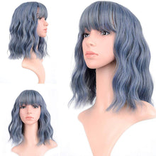 Ash Blue Gray Wavy Wig with Bangs - Goddess Beauty Royal Wigs
