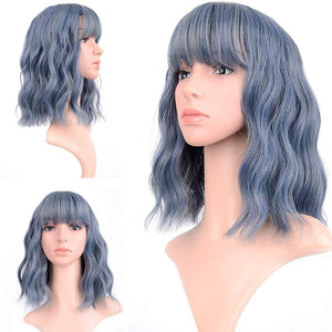 Ash Blue Gray Wavy Wig with Bangs - Goddess Beauty Royal Wigs
