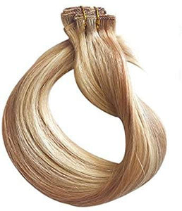 Clip in Human Hair Extensions 70g 7pcs Silky Straight Highlight Blonde Remy Human Hair Extension 15 Inch 27/613 Strawberry Blonde to Bleach - Goddess Beauty Royal Wigs