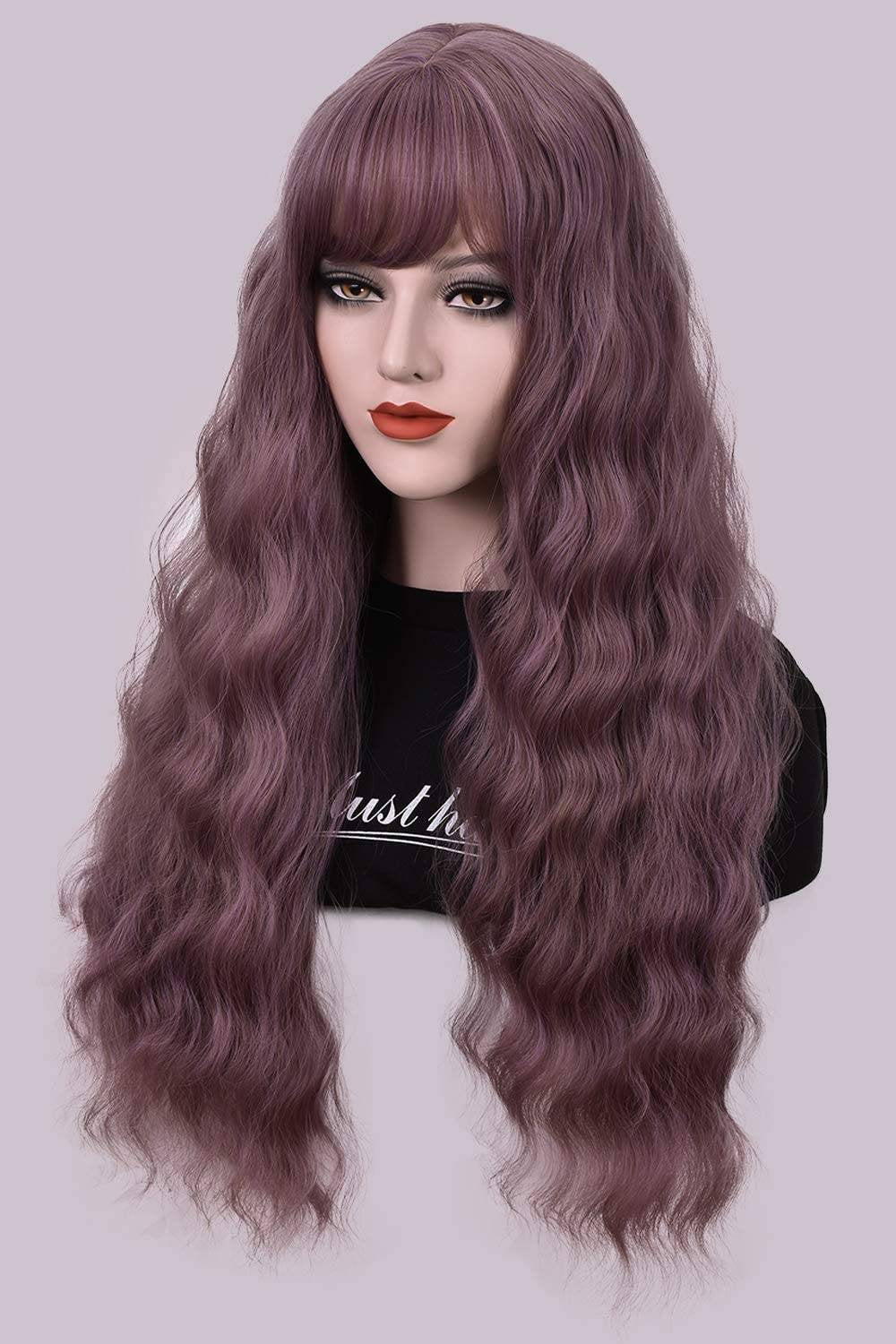 Purple Wavy Wig With Hair Bangs Silky Full Heat Resistant Synthetic Wig for Women - Natural Looking Machine Made 26 inch Hair Replacement - Goddess Beauty Royal Wigs