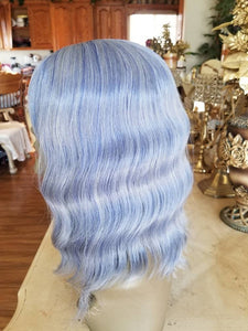 Ash Blue Gray Wavy Wig with Bangs - Goddess Beauty Royal Wigs