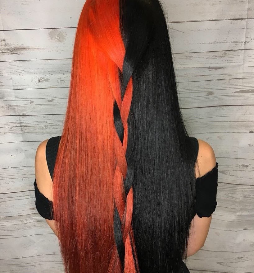 24” Orange & Black 2 Tone split dye straight lace front wig  display picture 3