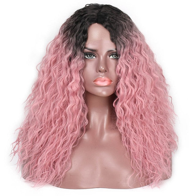 Curly Ombre Pink Synthetic Lace Front Wig 18 inches - Goddess Beauty Royal Wigs